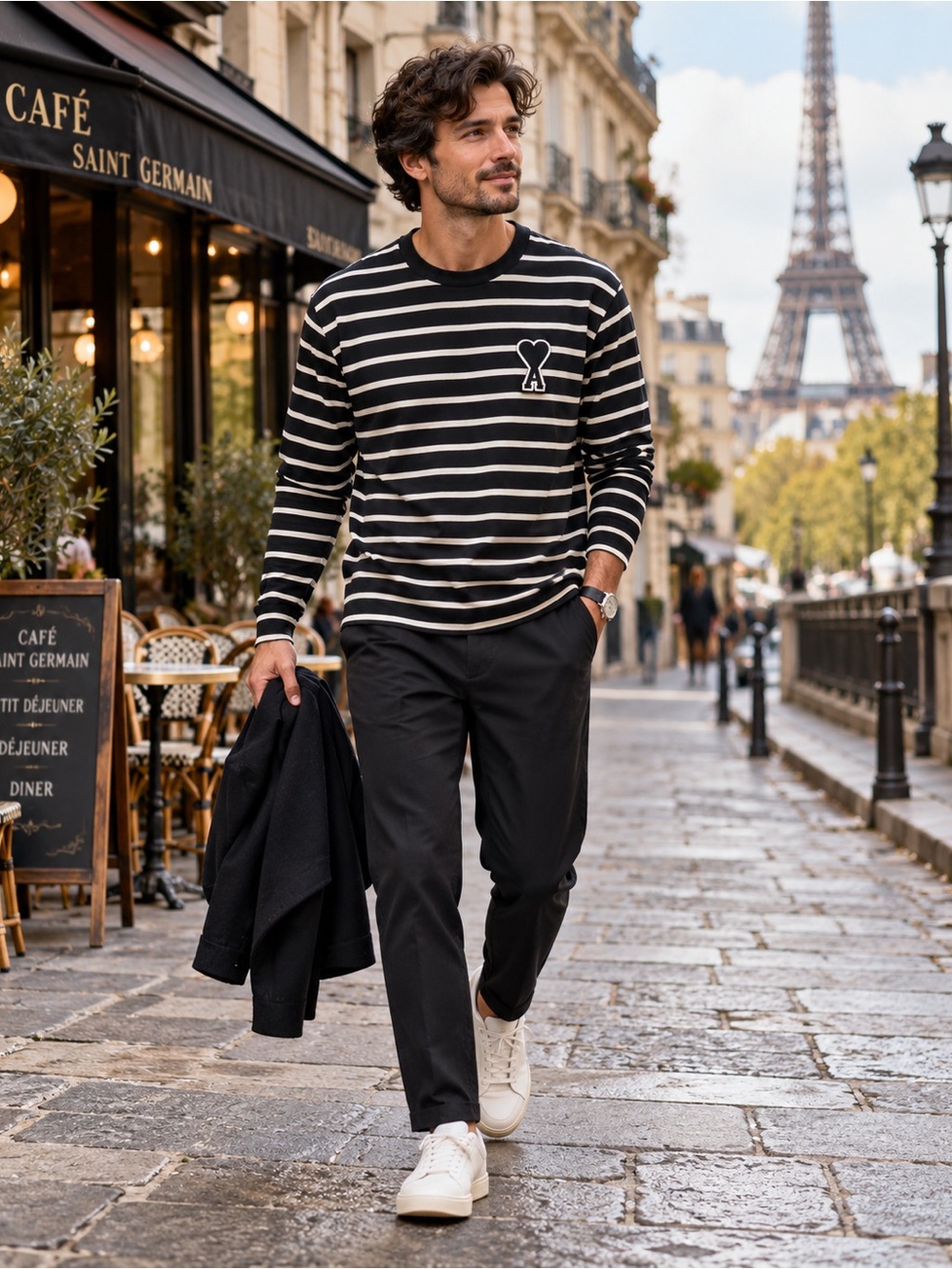 Ami Black & White Striped Heart Logo Long-Sleeve Tee *Authentic*